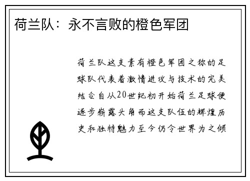 荷兰队：永不言败的橙色军团