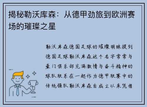 揭秘勒沃库森：从德甲劲旅到欧洲赛场的璀璨之星