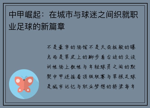 中甲崛起：在城市与球迷之间织就职业足球的新篇章