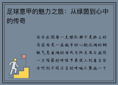 足球意甲的魅力之旅：从绿茵到心中的传奇